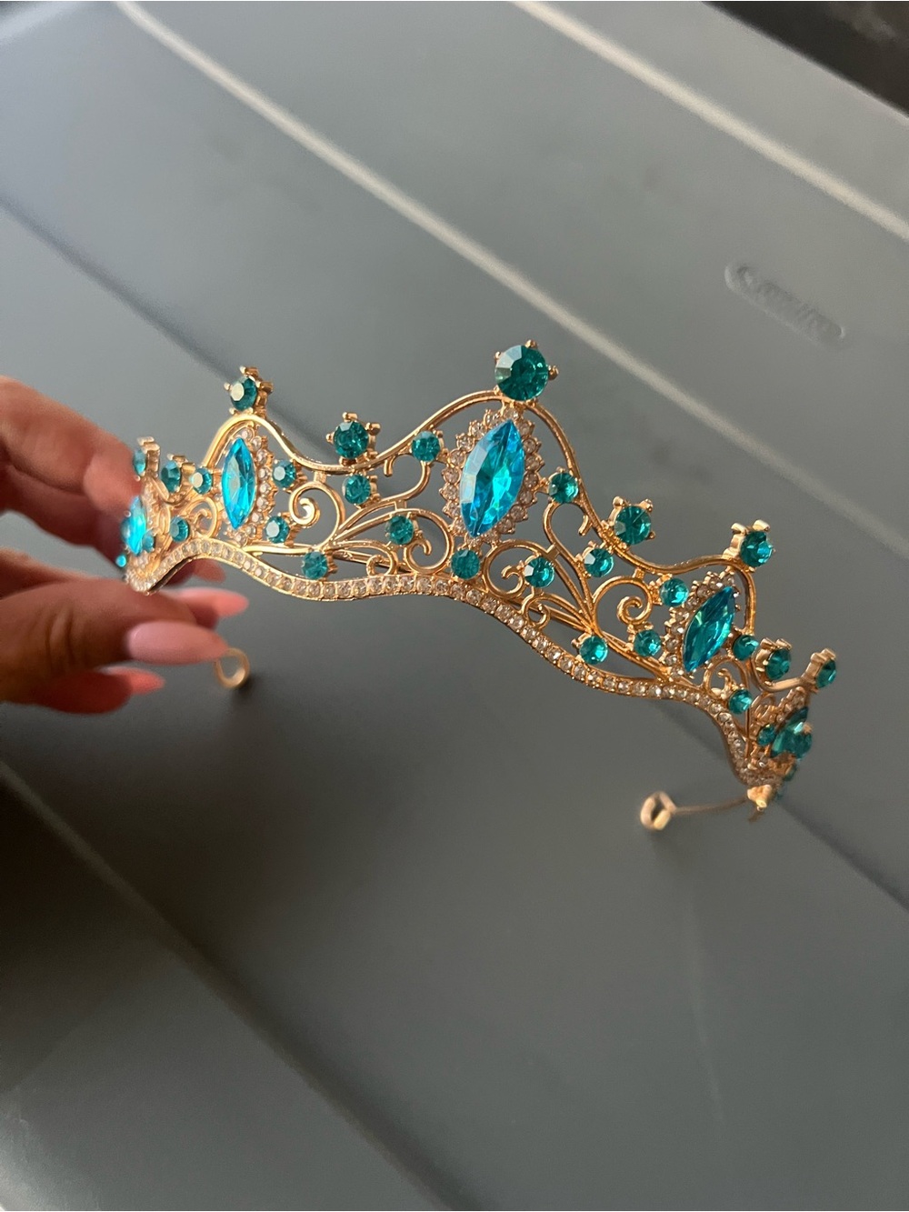 Aqua Blue Rhinestone Gold Tiara Crown | Bridal Quinceañera Headpiece